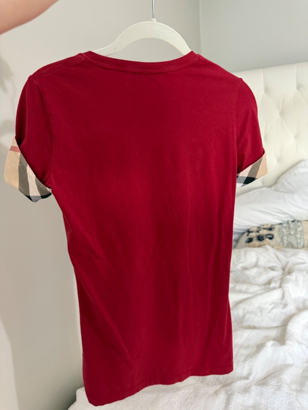 Burberry Deep Red Tee with Signature Check Cuffs - Picture 3 of 3